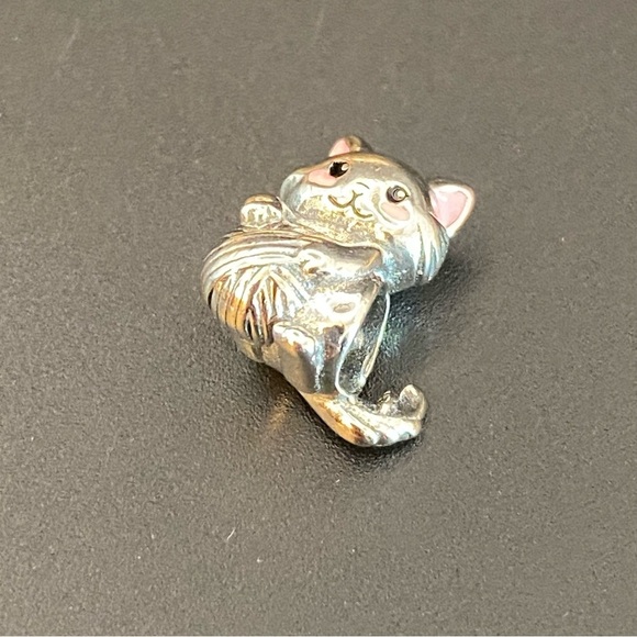 925 Sterling Silver Cat Pandora Style Charm with Pink Accents - Picture 3 of 4